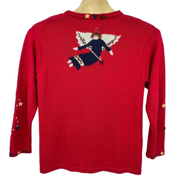 Quacker Factory Red Holiday Christmas Folk Art Angels Cardigan Country Med - Picture 2 of 8